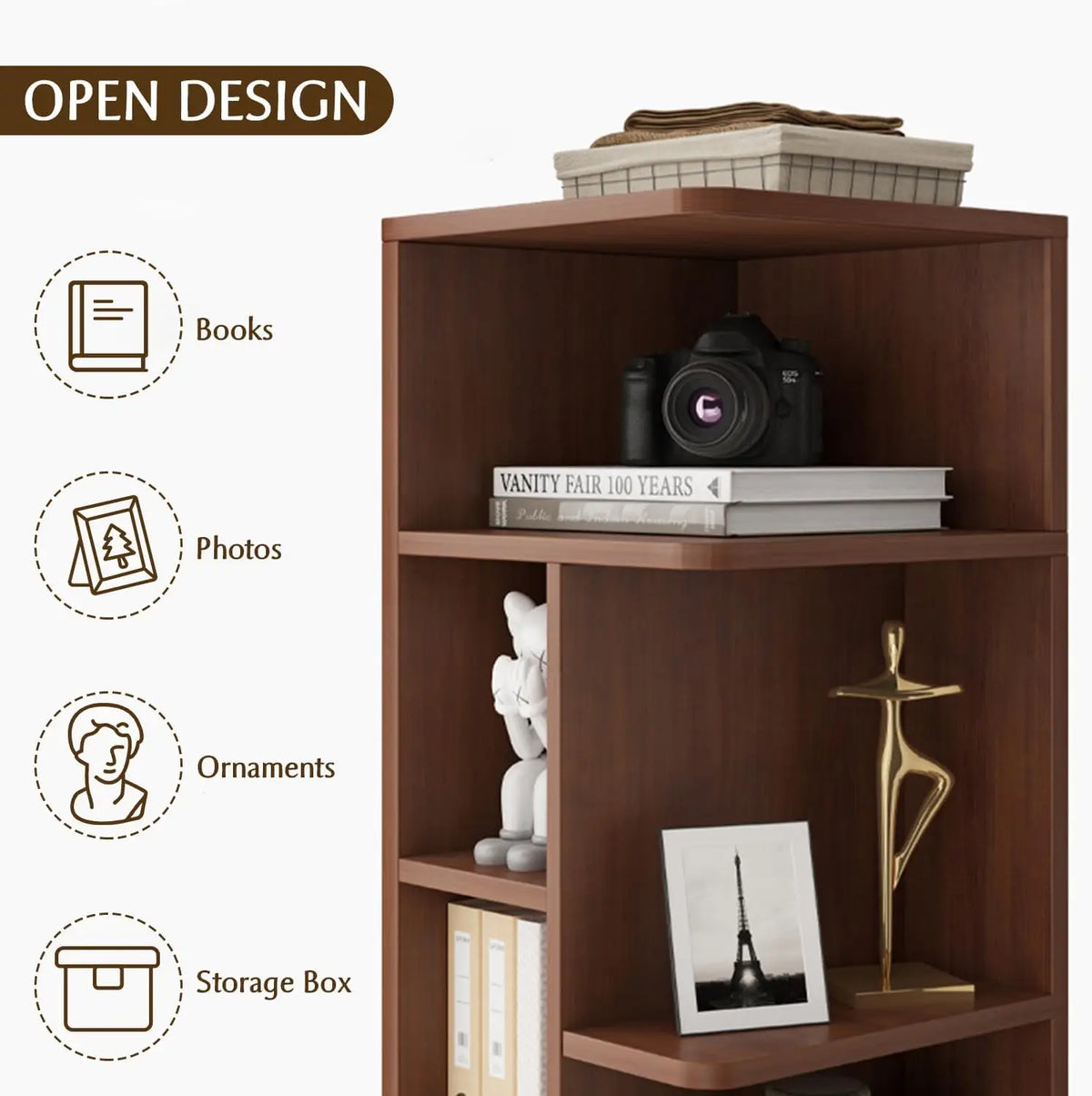Narrow Corner Bookcase – 5-Tier White Shelf with Drawer, Door