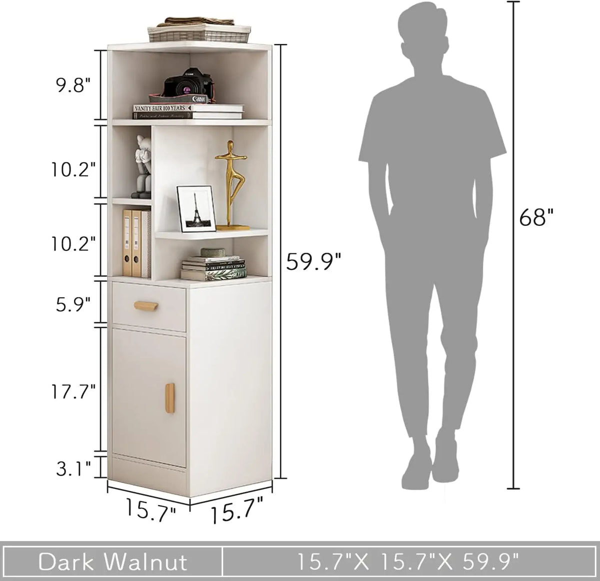 Narrow Corner Bookcase – 5-Tier White Shelf with Drawer, Door