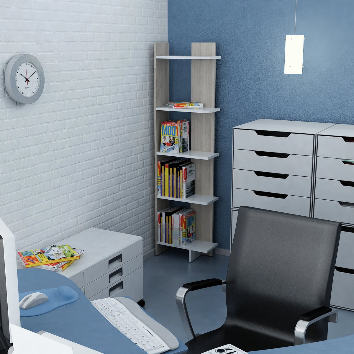 White corner bookcase styled with books plants and decor