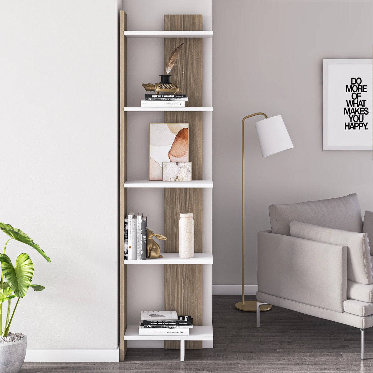 White corner bookcase styled with books plants and decor