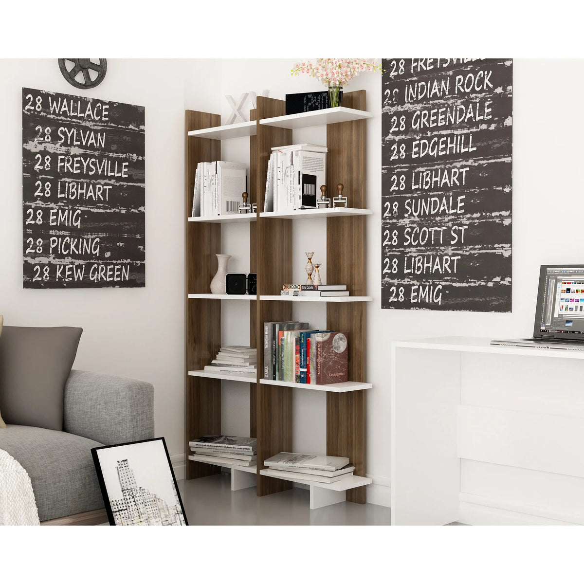 Corner bookshelf dimensions diagram showing 67H x 18W x 9D measurements