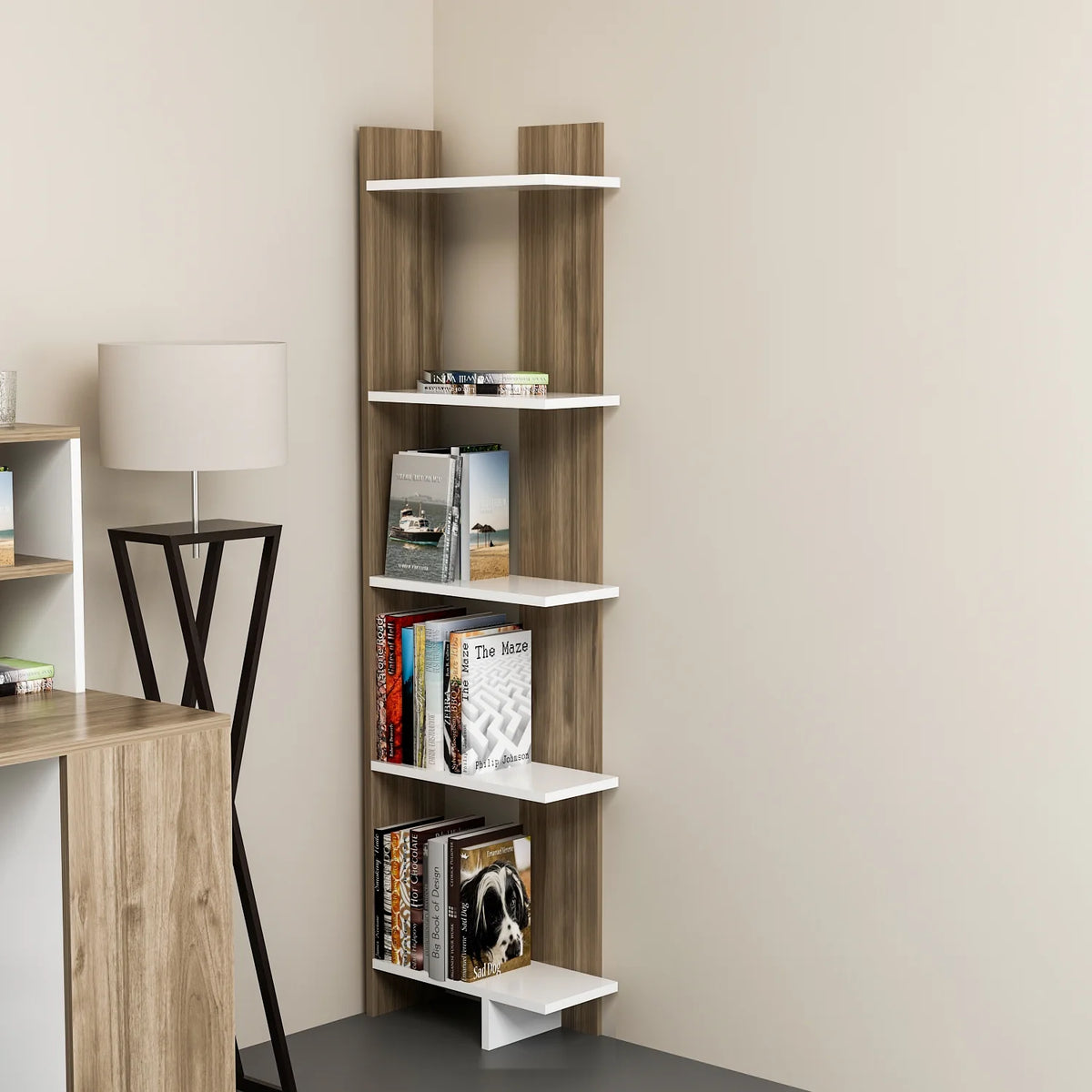 Corner bookshelf dimensions diagram showing 67H x 18W x 9D measurements