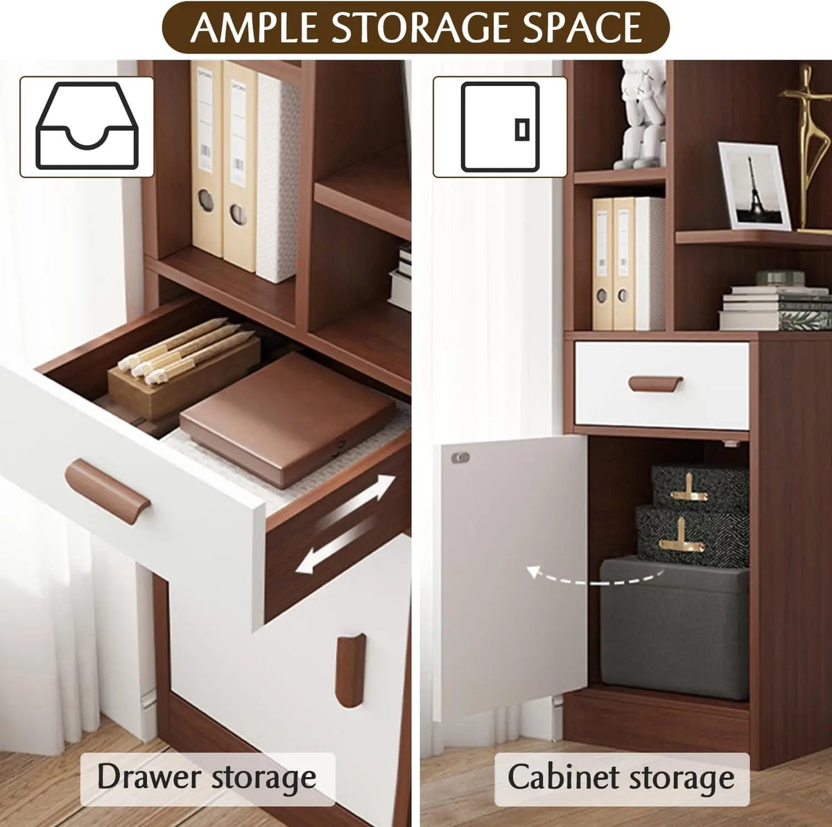 Narrow Corner Bookcase – 5-Tier White Shelf with Drawer, Door