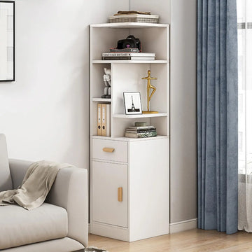 Narrow Corner Bookcase – 5-Tier White Shelf with Drawer, Door