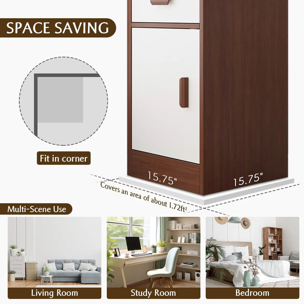 Narrow Corner Bookcase – 5-Tier White Shelf with Drawer, Door