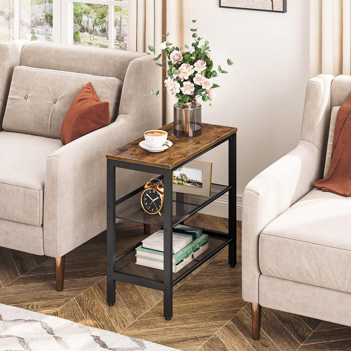 HOOBRO 3-Tier Narrow End Table with Adjustable Shelves