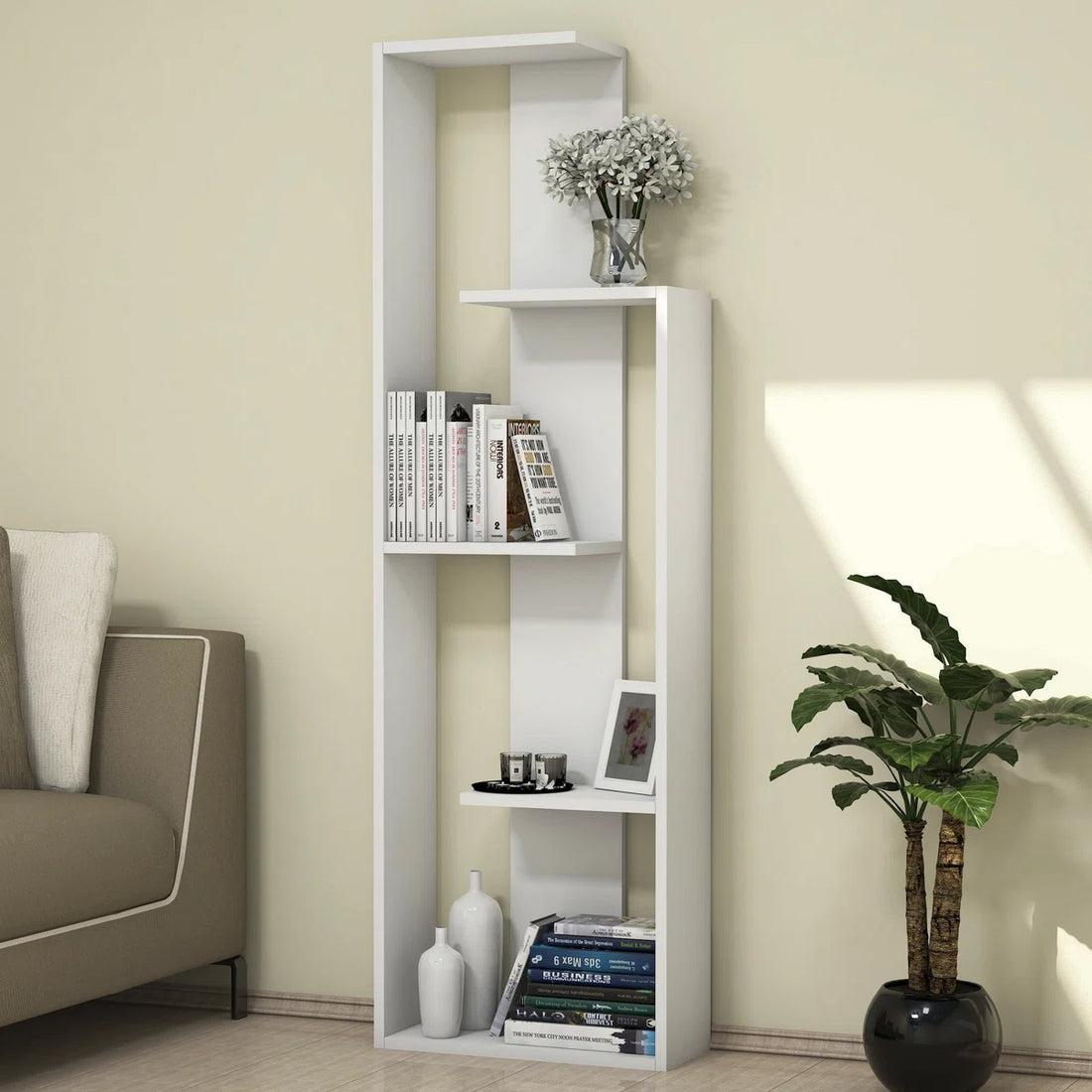 Modern Geometric Wooden Bookcase | White, Walnut, Custom