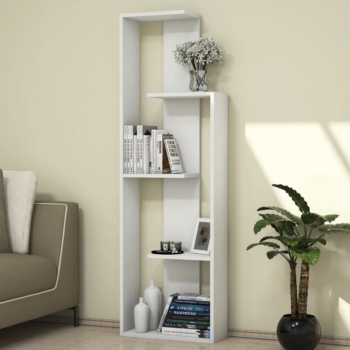 Modern Geometric Wooden Bookcase | White, Walnut, Custom