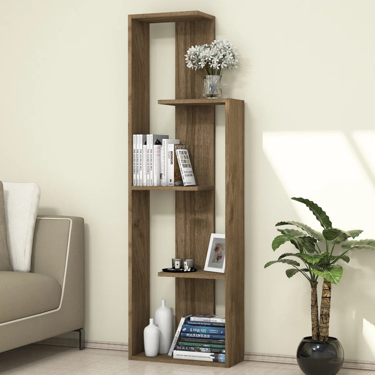 Modern Geometric Wooden Bookcase | White, Walnut, Custom