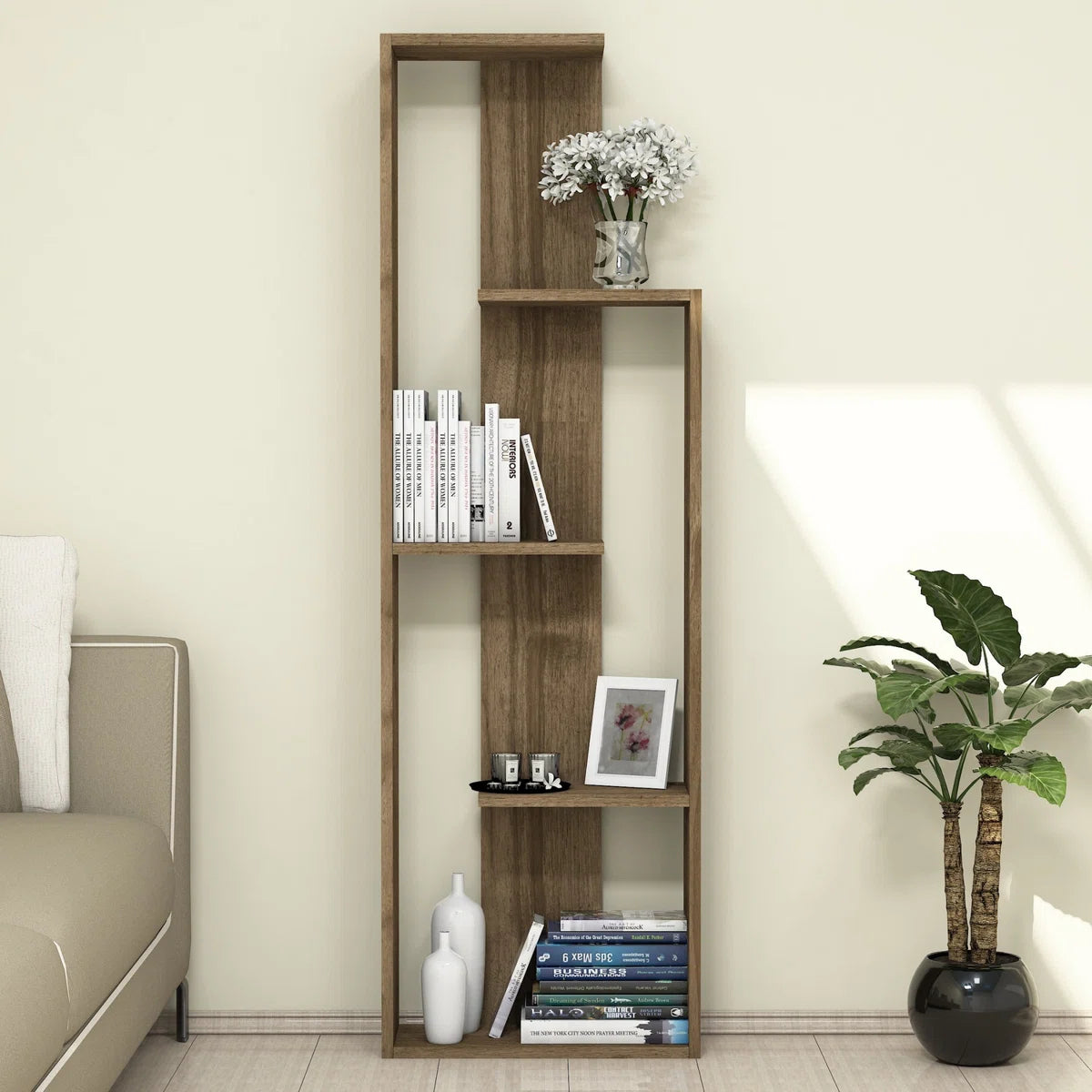 Modern Geometric Wooden Bookcase | White, Walnut, Custom