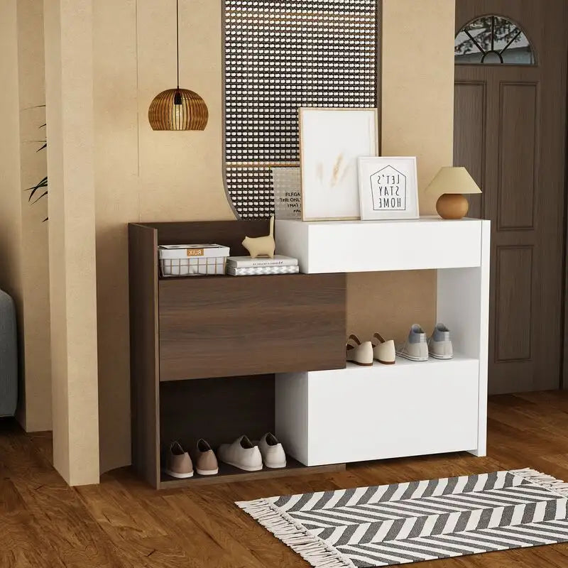 3-Tier Shoe Cabinet – 10 Pair Storage | White &amp; Brown | 40.5" Tall