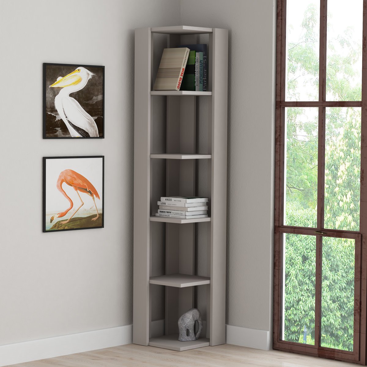 Modern Corner Bookcase 5 Tiers | Corner Shelf | Corner Cabnet