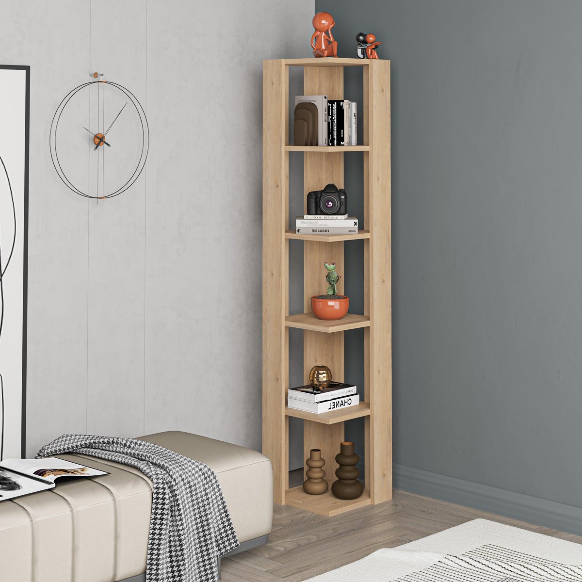 Modern Corner Bookcase 5 Tiers | Corner Shelf | Corner Cabnet