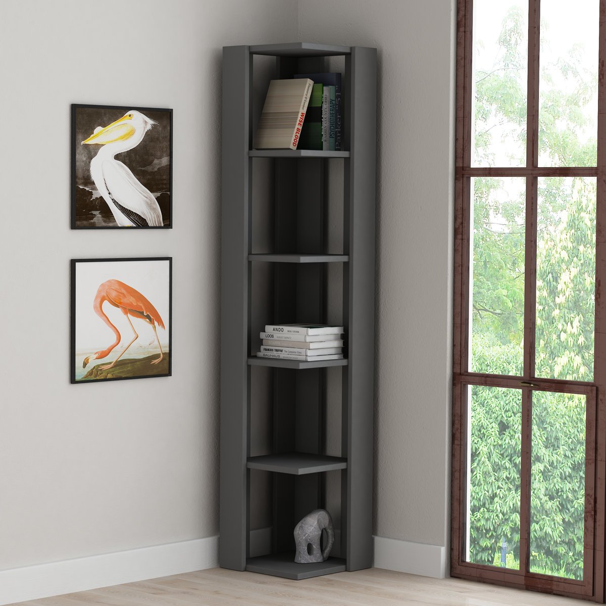 Modern Corner Bookcase 5 Tiers | Corner Shelf | Corner Cabnet