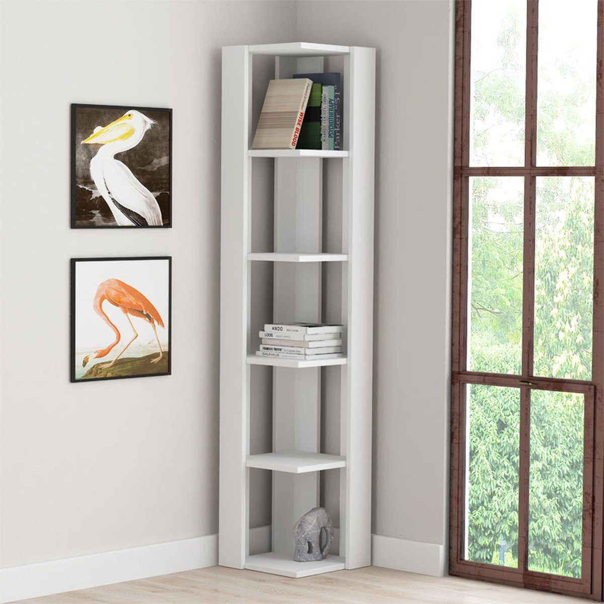 Modern Corner Bookcase 5 Tiers | Corner Shelf | Corner Cabnet