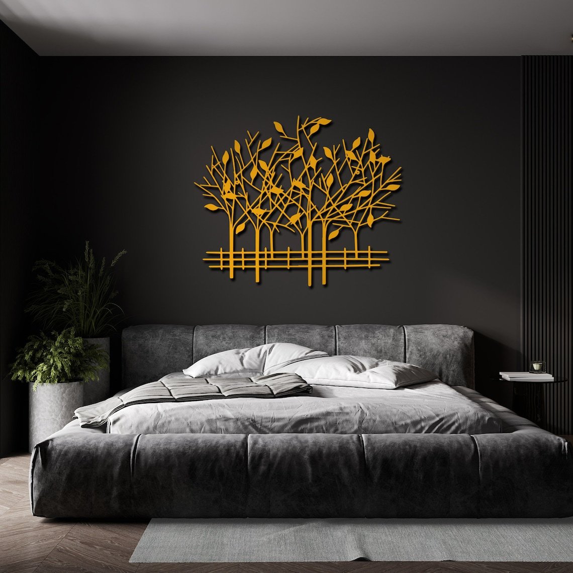 Metal Geometric Trees with Fence Metal Wall Art, 3D Wall Art