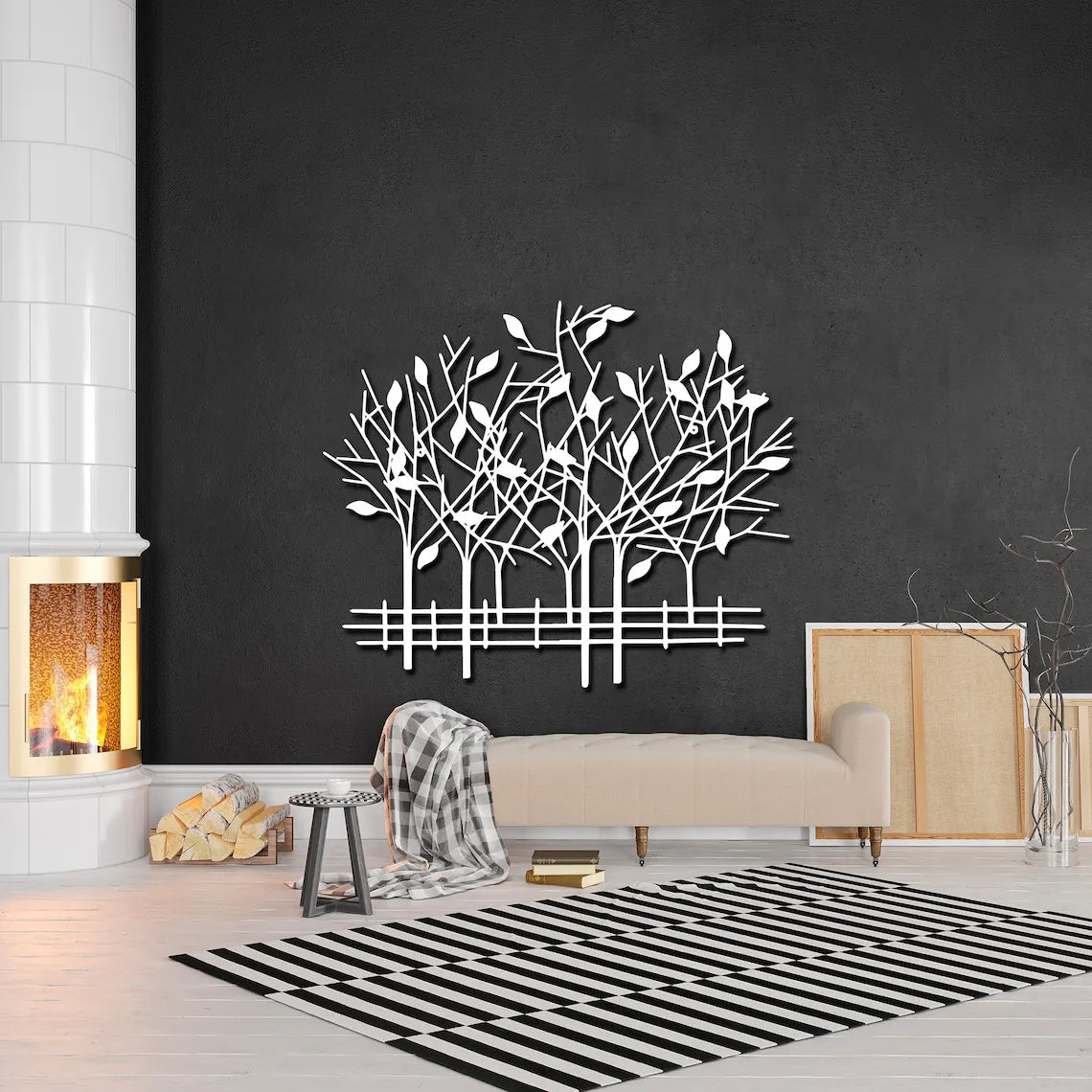 Metal Geometric Trees with Fence Metal Wall Art, 3D Wall Art