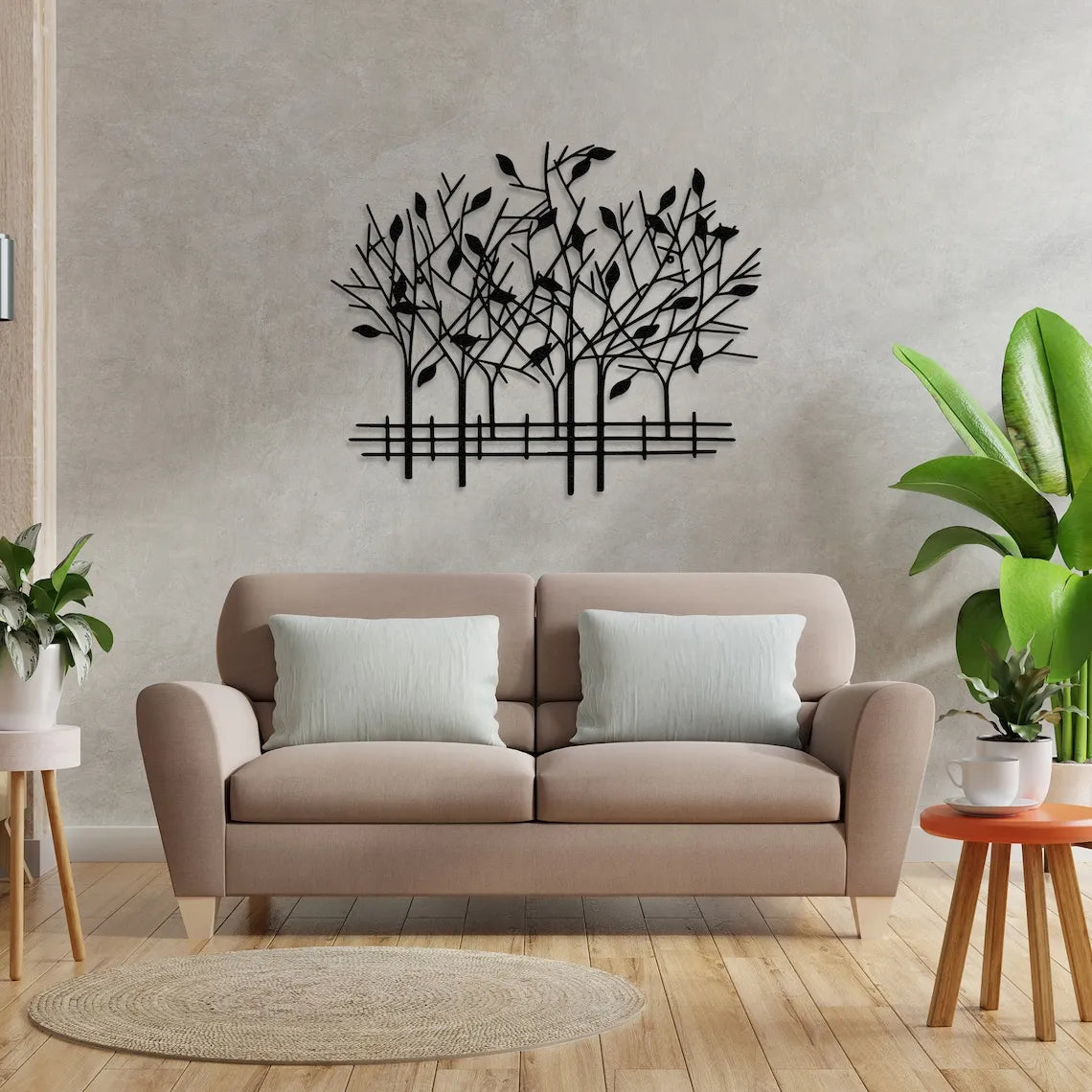 Metal Geometric Trees with Fence Metal Wall Art, 3D Wall Art
