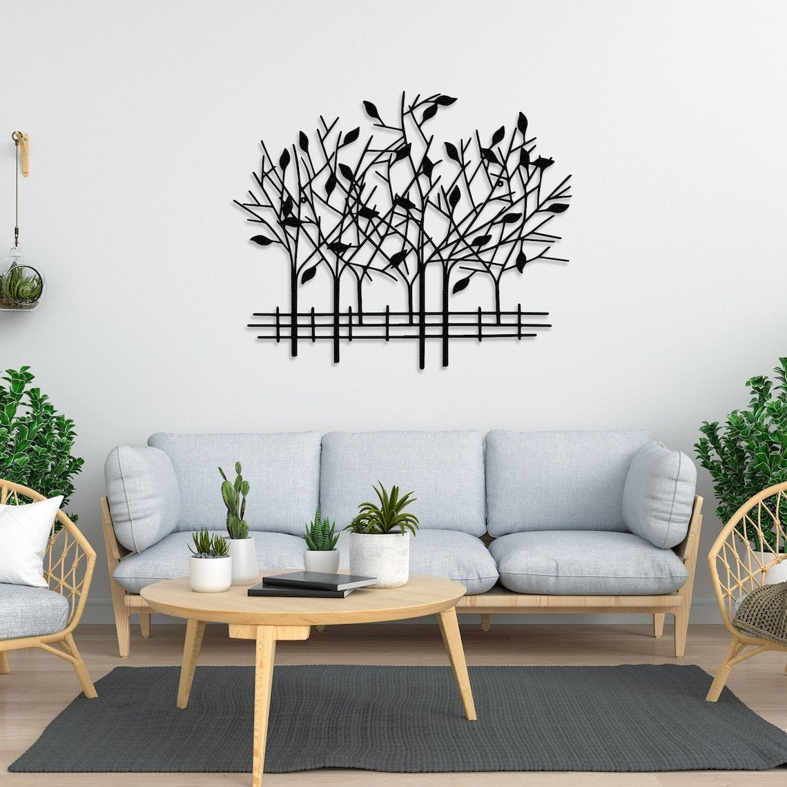 Metal Geometric Trees with Fence Metal Wall Art, 3D Wall Art