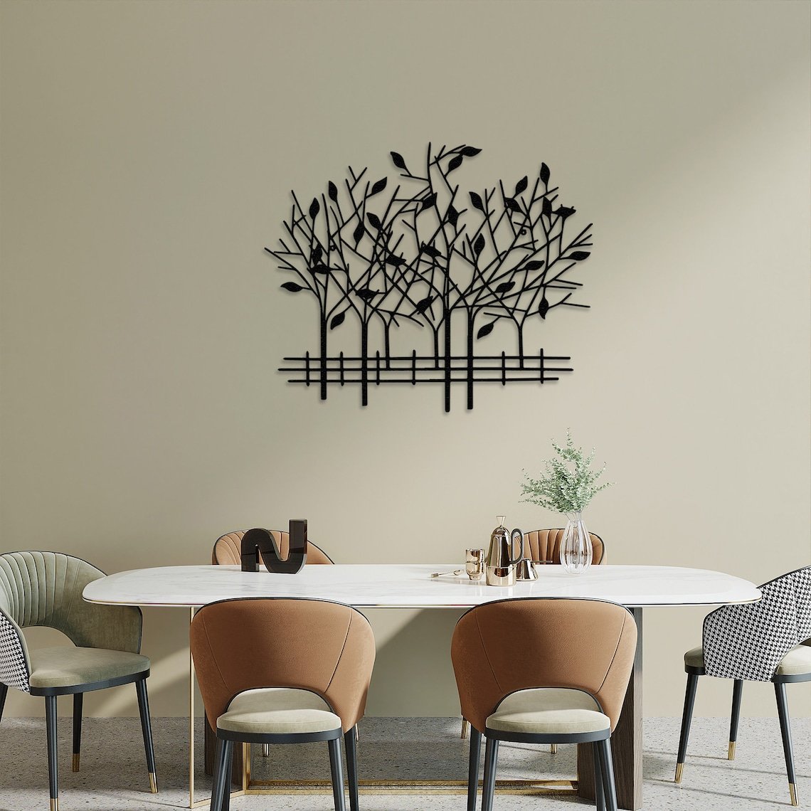 Metal Geometric Trees with Fence Metal Wall Art, 3D Wall Art