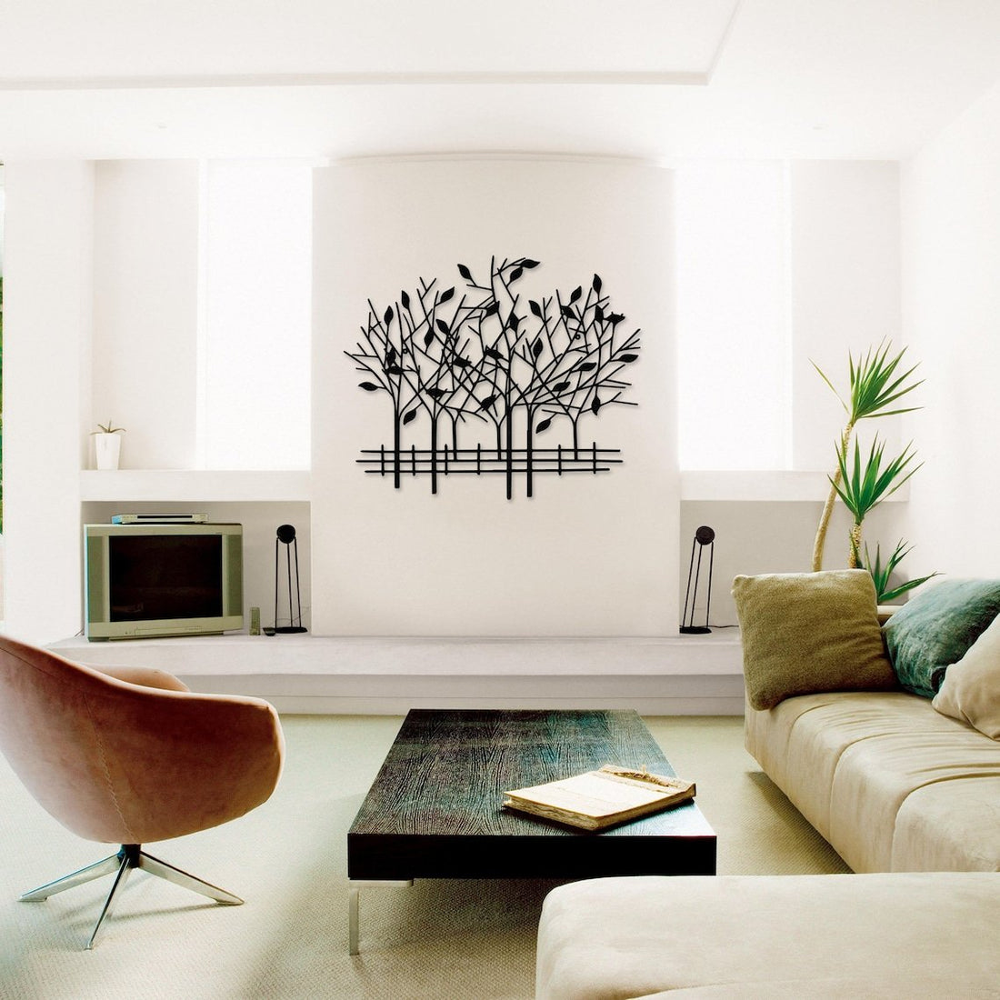 Metal Geometric Trees with Fence Metal Wall Art, 3D Wall Art