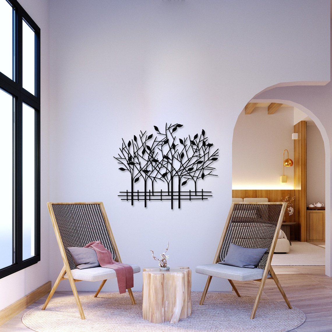 Metal Geometric Trees with Fence Metal Wall Art, 3D Wall Art