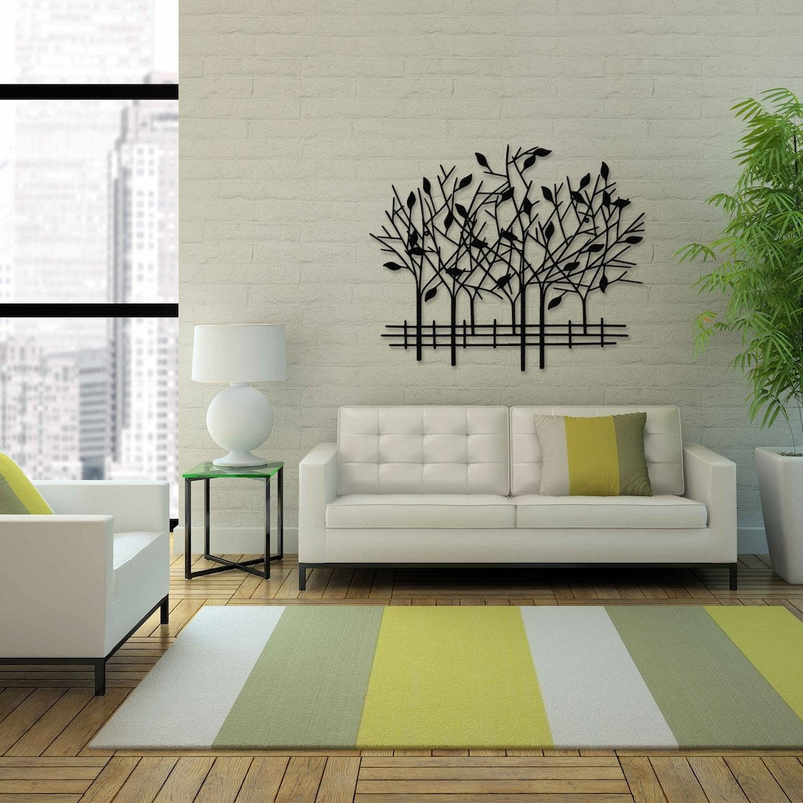 Metal Geometric Trees with Fence Metal Wall Art, 3D Wall Art